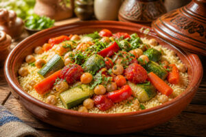 Couscous vegetarien colore dans un plat en terre cuite